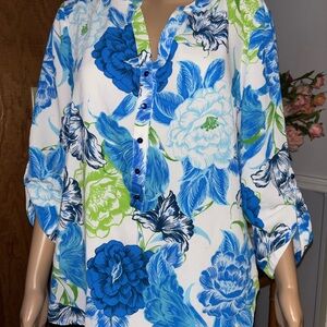 Sara Michelle Blue & White Floral Button-Front Tunic